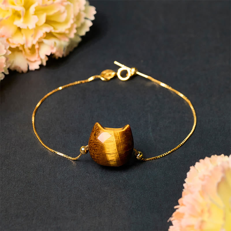 925 Sterling Silver Tiger Eye Cat Symbol Bracelet for Intuitive Clarity
