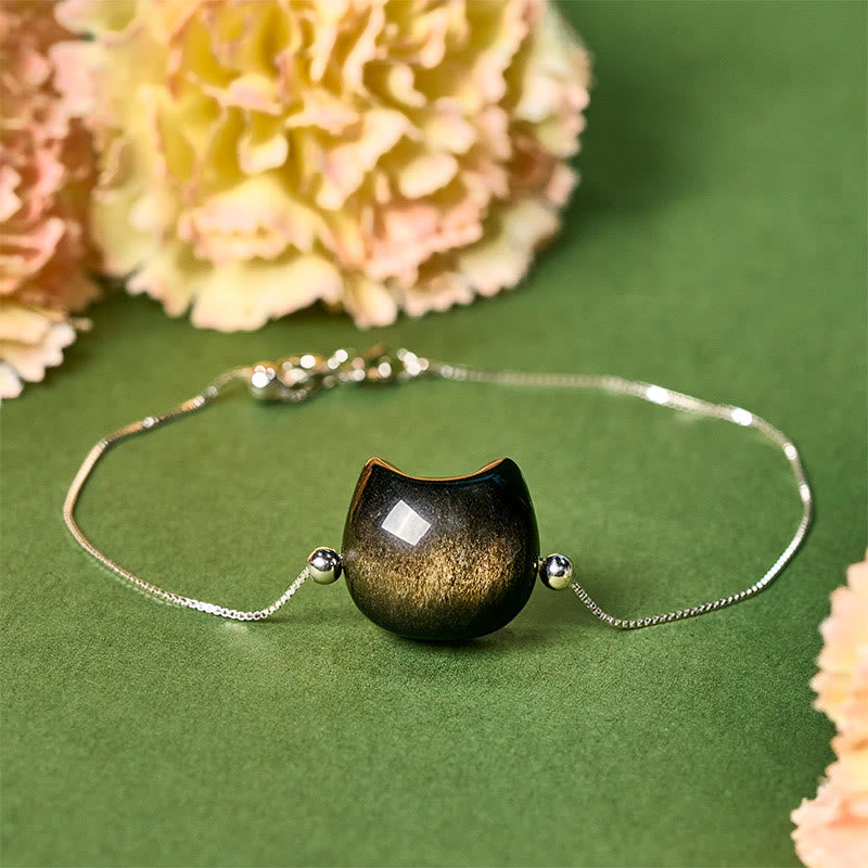 925 Sterling Silver Silver Sheen Obsidian Gold Sheen Obsidian Cat Soothing Bracelet