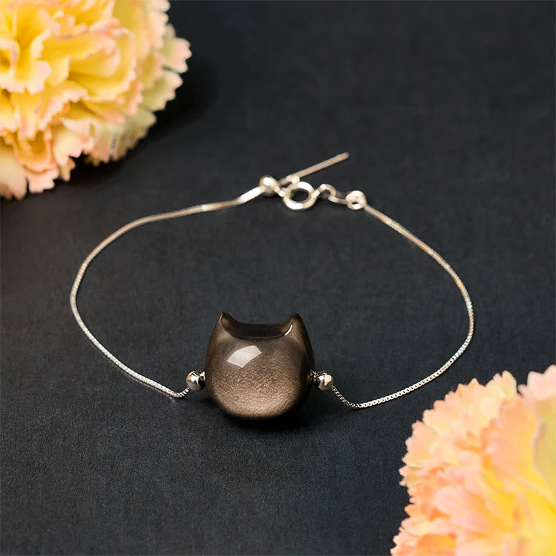 925 Sterling Silver Silver Sheen Obsidian Gold Sheen Obsidian Cat Soothing Bracelet