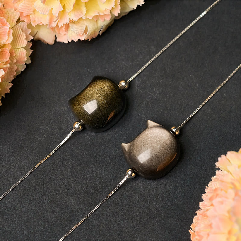 925 Sterling Silver Silver Sheen Obsidian Gold Sheen Obsidian Cat Soothing Bracelet