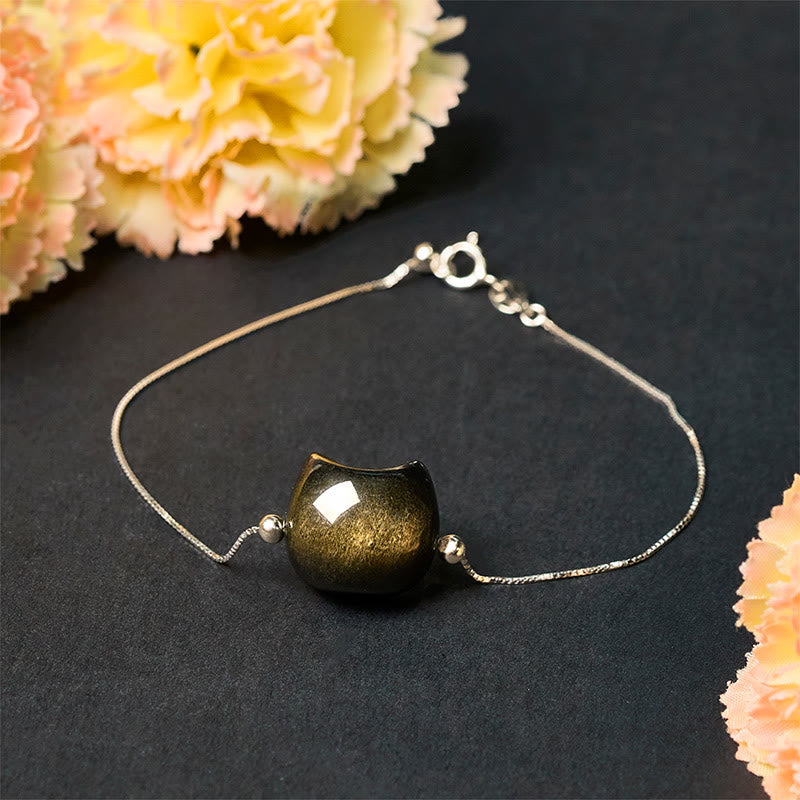 925 Sterling Silver Silver Sheen Obsidian Gold Sheen Obsidian Cat Soothing Bracelet