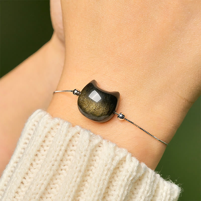 925 Sterling Silver Silver Sheen Obsidian Gold Sheen Obsidian Cat Soothing Bracelet