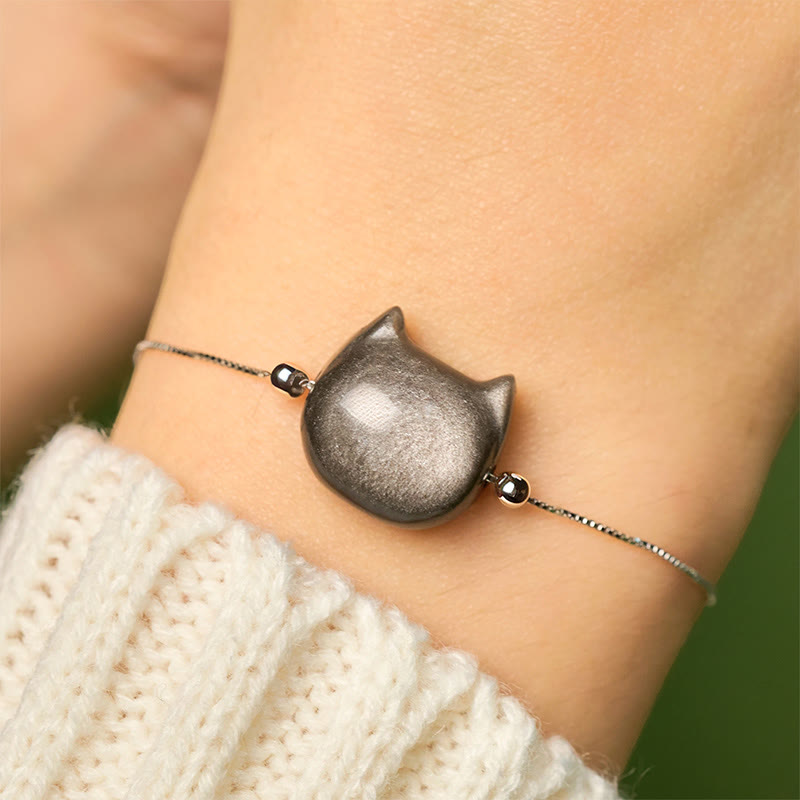 925 Sterling Silver Silver Sheen Obsidian Gold Sheen Obsidian Cat Soothing Bracelet