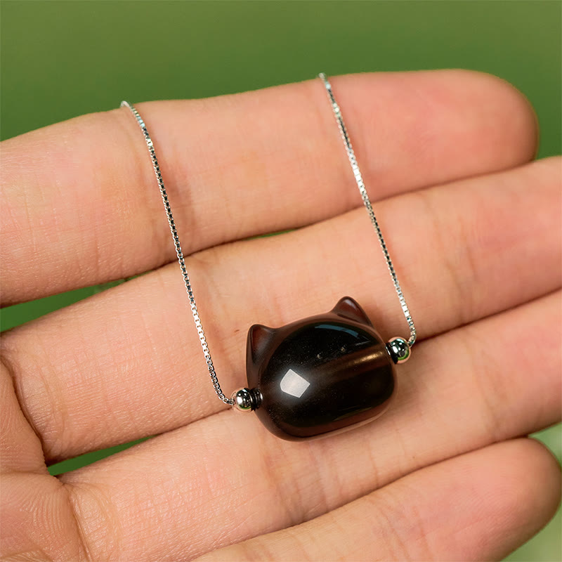 925 Sterling Silver Cat Motif Natural Ice Obsidian Bracelet