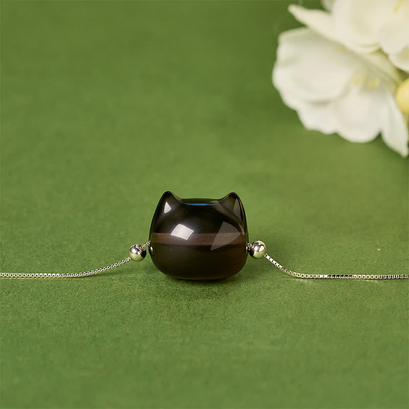 925 Sterling Silver Cat Motif Natural Ice Obsidian Bracelet
