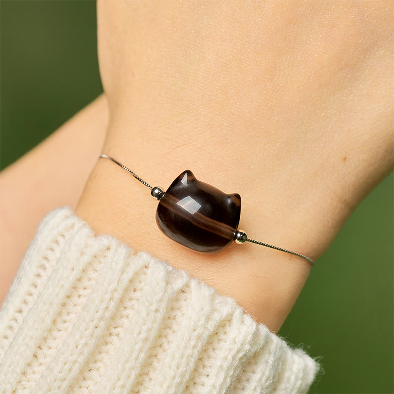 925 Sterling Silver Cat Motif Natural Ice Obsidian Bracelet