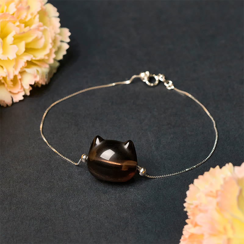 925 Sterling Silver Cat Motif Natural Ice Obsidian Bracelet
