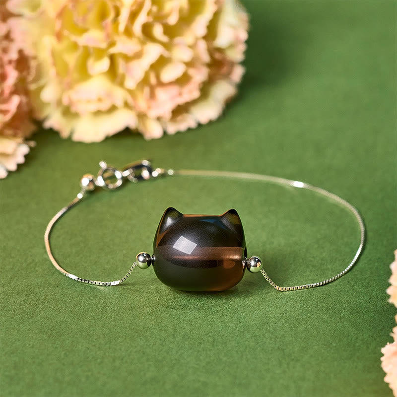 925 Sterling Silver Cat Motif Natural Ice Obsidian Bracelet