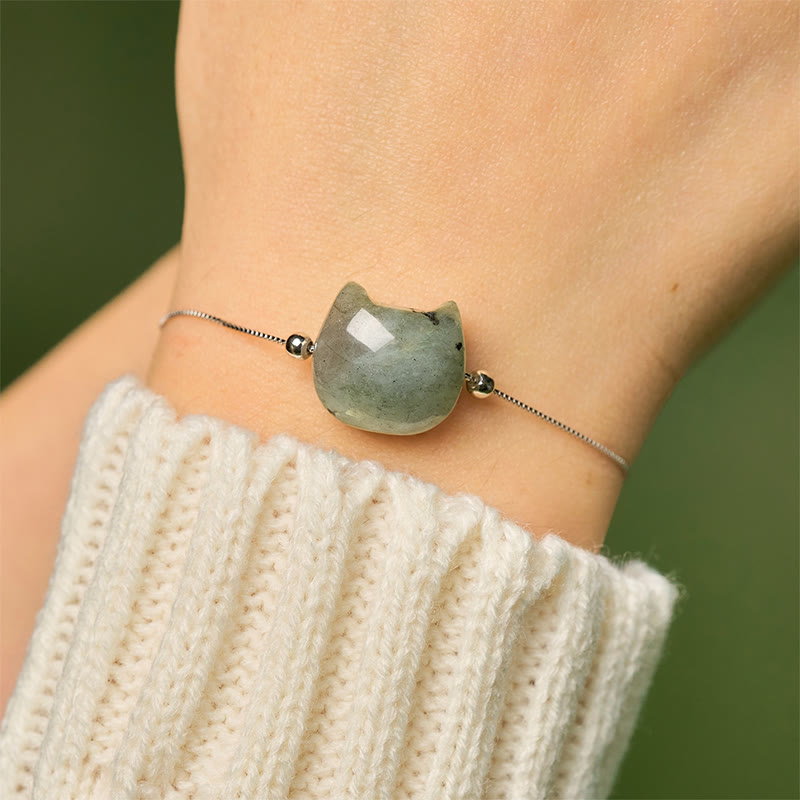 925 Sterling Silver Faceless Cat Head Natural Labradorite Bracelet