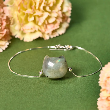 925 Sterling Silver Faceless Cat Head Natural Labradorite Bracelet