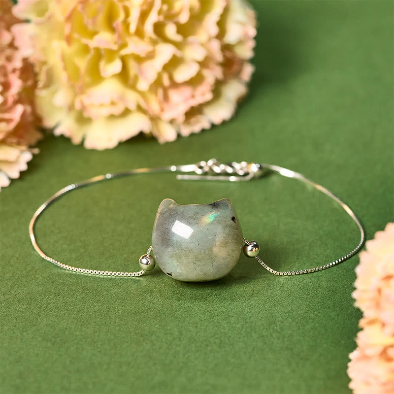 925 Sterling Silver Faceless Cat Head Natural Labradorite Bracelet