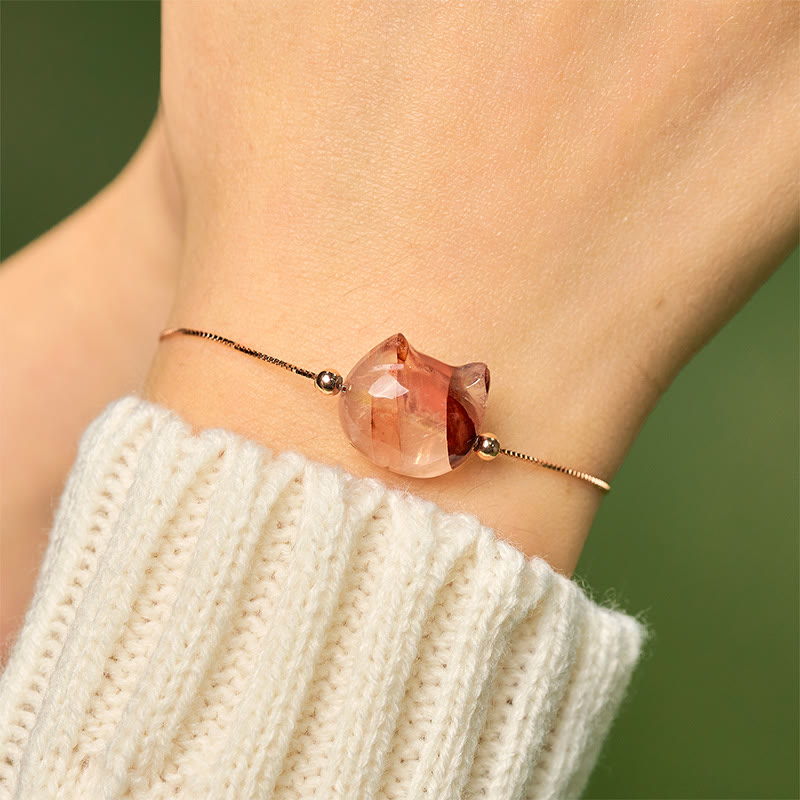 925 Sterling Silver Faceless Cat Head Natural Red Flower Quartz Passion Bracelet
