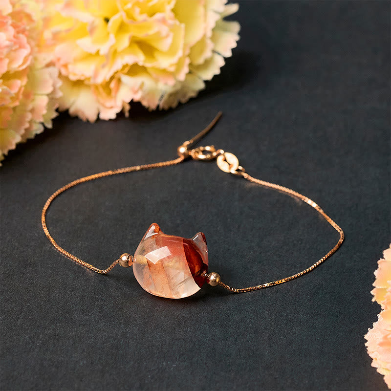 925 Sterling Silver Faceless Cat Head Natural Red Flower Quartz Passion Bracelet