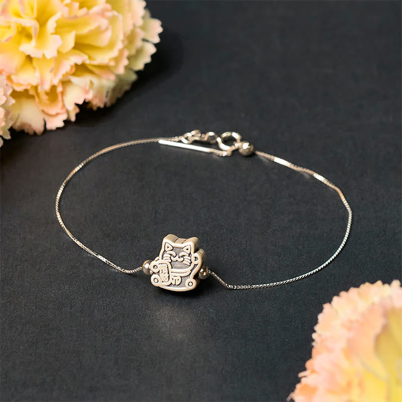 999 Fine Silver Fortune Cat 925 Sterling Silver Chain Bracelet