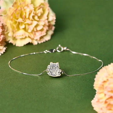 999 Fine Silver Fortune Cat 925 Sterling Silver Chain Bracelet