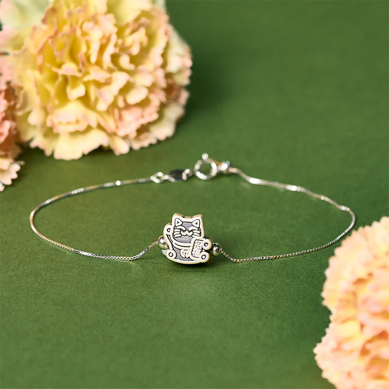 999 Fine Silver Fortune Cat 925 Sterling Silver Chain Bracelet