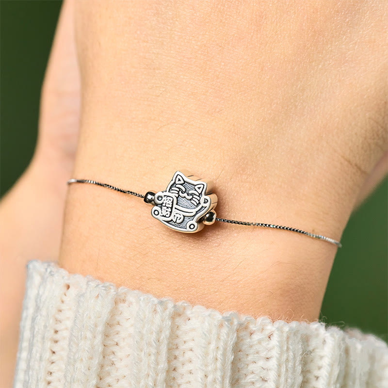 999 Fine Silver Fortune Cat 925 Sterling Silver Chain Bracelet