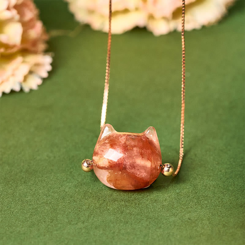 925 Sterling Silver Cat Head Natural Red Flower Quartz Protection Necklace Pendant
