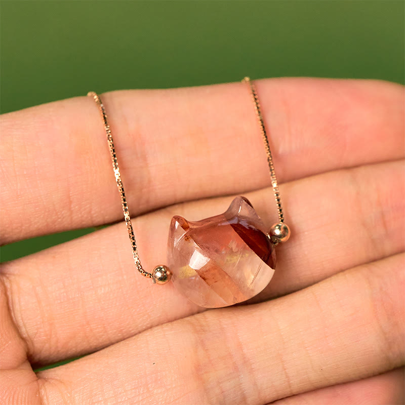 925 Sterling Silver Cat Head Natural Red Flower Quartz Protection Necklace Pendant