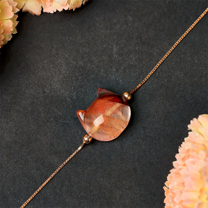 925 Sterling Silver Cat Head Natural Red Flower Quartz Protection Necklace Pendant