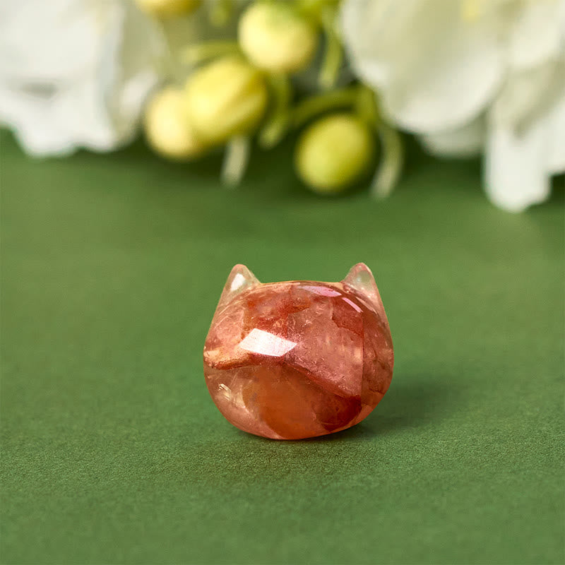925 Sterling Silver Cat Head Natural Red Flower Quartz Protection Necklace Pendant