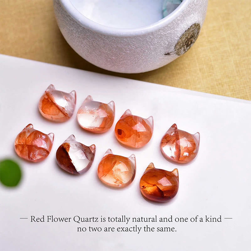 925 Sterling Silver Cat Head Natural Red Flower Quartz Protection Necklace Pendant