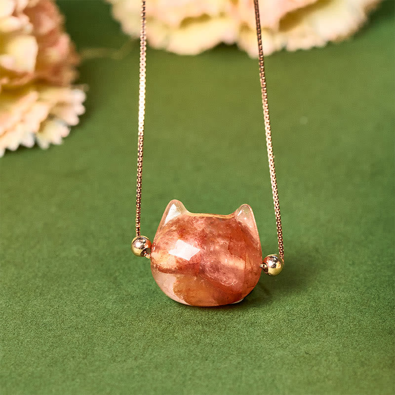 925 Sterling Silver Cat Head Natural Red Flower Quartz Protection Necklace Pendant