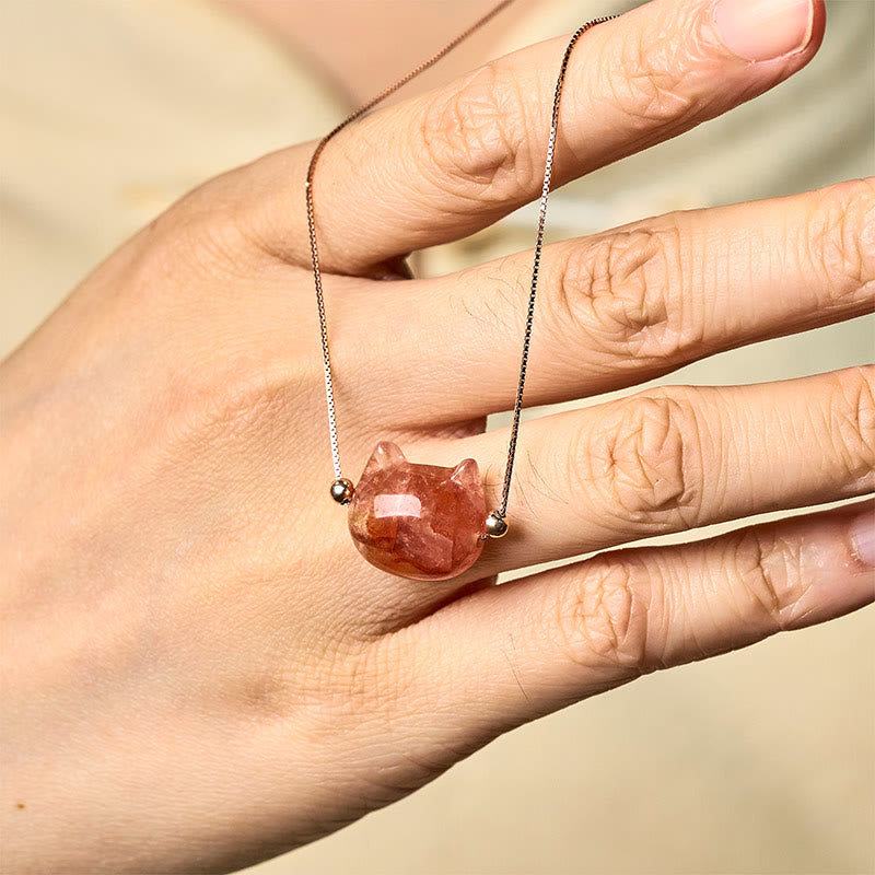 925 Sterling Silver Cat Head Natural Red Flower Quartz Protection Necklace Pendant