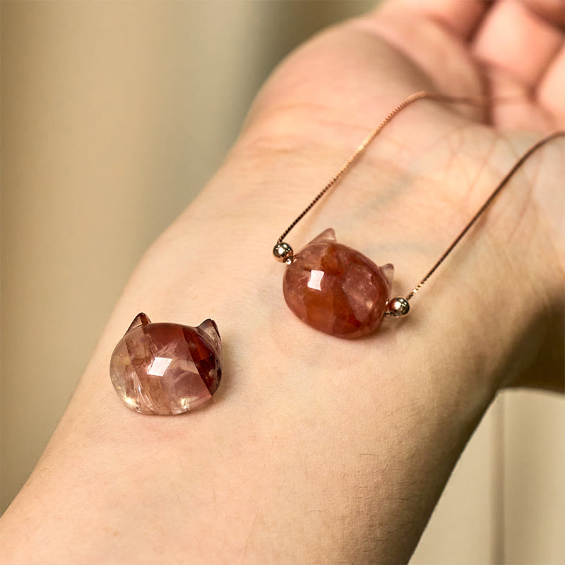 925 Sterling Silver Cat Head Natural Red Flower Quartz Protection Necklace Pendant