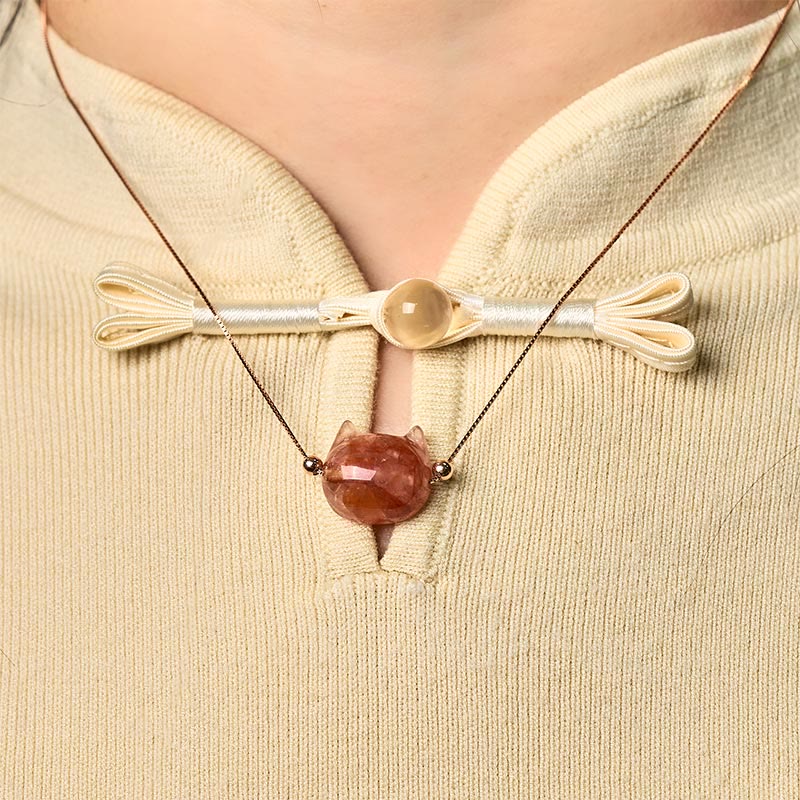 925 Sterling Silver Cat Head Natural Red Flower Quartz Protection Necklace Pendant