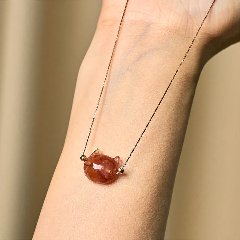 925 Sterling Silver Cat Head Natural Red Flower Quartz Protection Necklace Pendant