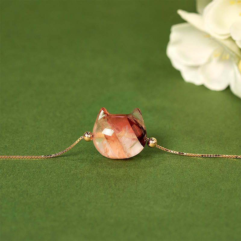 925 Sterling Silver Cat Head Natural Red Flower Quartz Protection Necklace Pendant