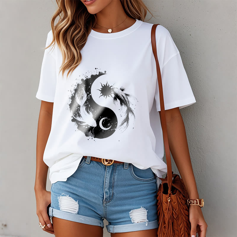 Tactile Cotton Celestial Yin Yang Koi Graphic Meditation Tee