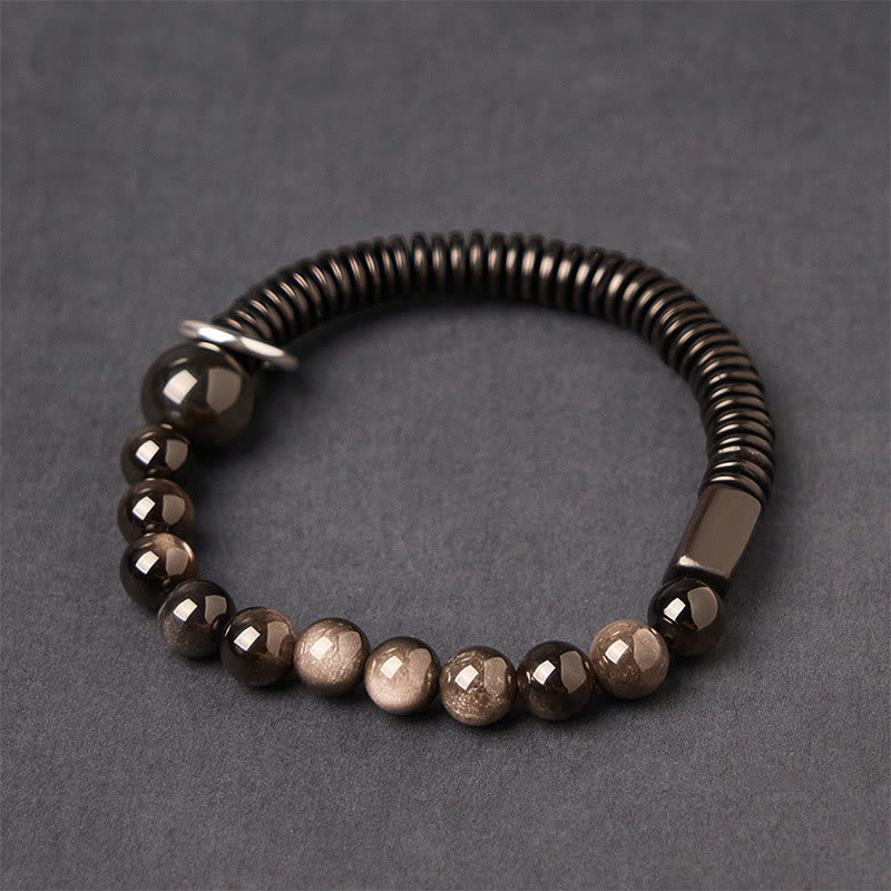 Reflective Silver Sheen Obsidian, Ebony Wood & Coconut Shell Grounding Bracelet