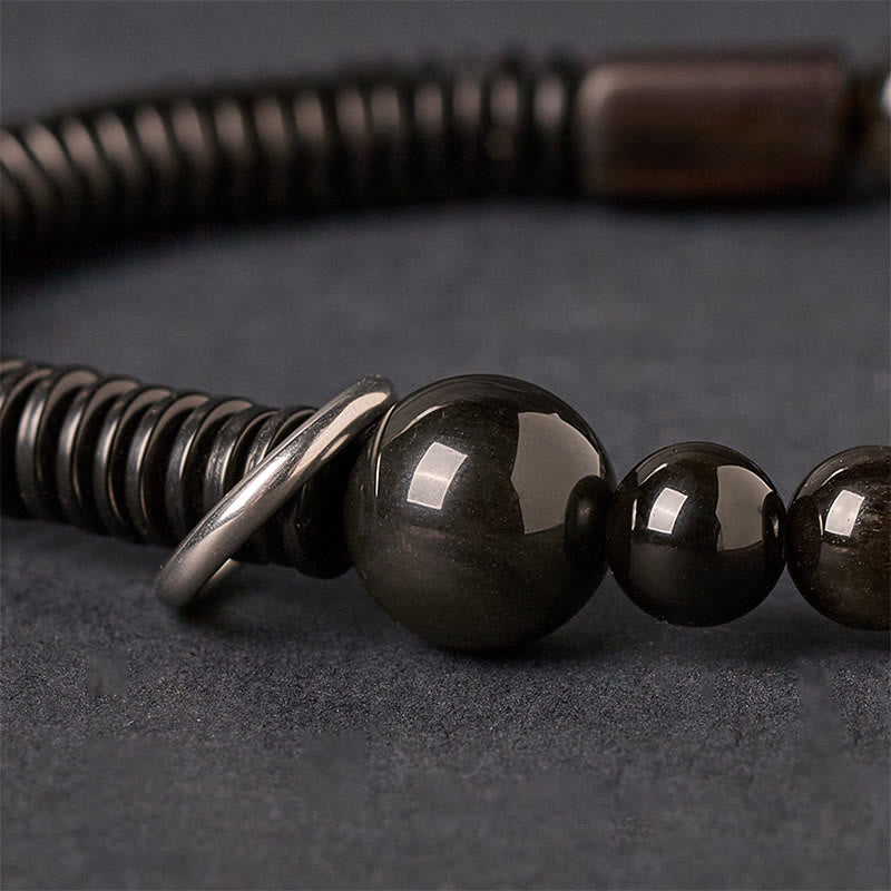 Reflective Silver Sheen Obsidian, Ebony Wood & Coconut Shell Grounding Bracelet