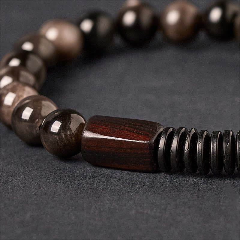 Reflective Silver Sheen Obsidian, Ebony Wood & Coconut Shell Grounding Bracelet
