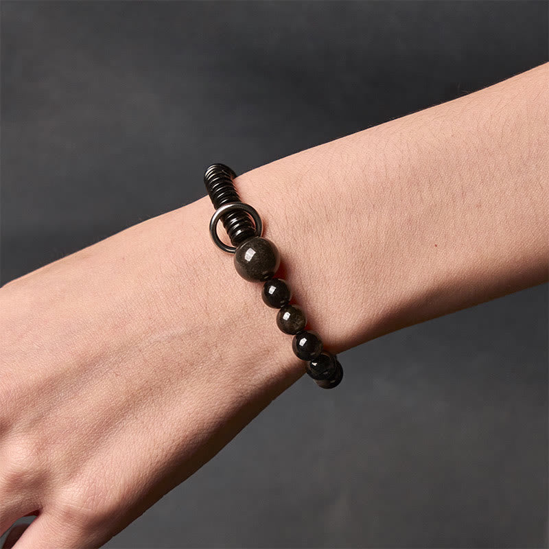 Reflective Silver Sheen Obsidian, Ebony Wood & Coconut Shell Grounding Bracelet