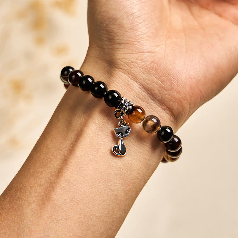 Chocolate Siamese Cat Dark Brown Striped Agate Bead Protection Bracelet