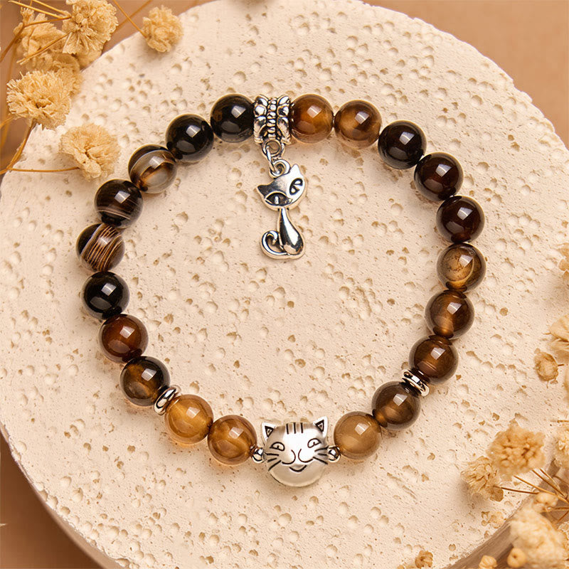 Chocolate Siamese Cat Dark Brown Striped Agate Bead Protection Bracelet