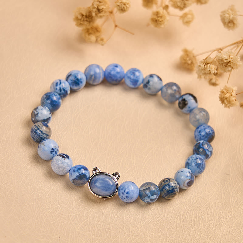 Natural Kyanite and Blue Agate Cat Head Beaded Bracelet