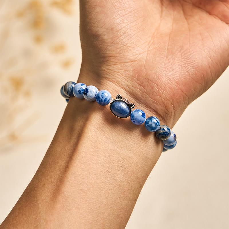 Natural Kyanite and Blue Agate Cat Head Beaded Bracelet