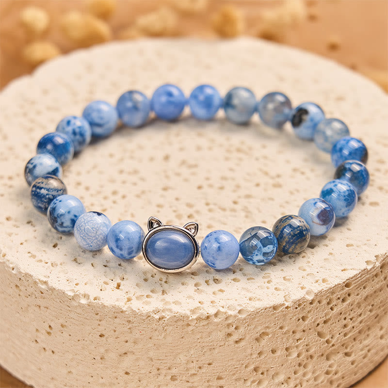 Natural Kyanite and Blue Agate Cat Head Beaded Bracelet