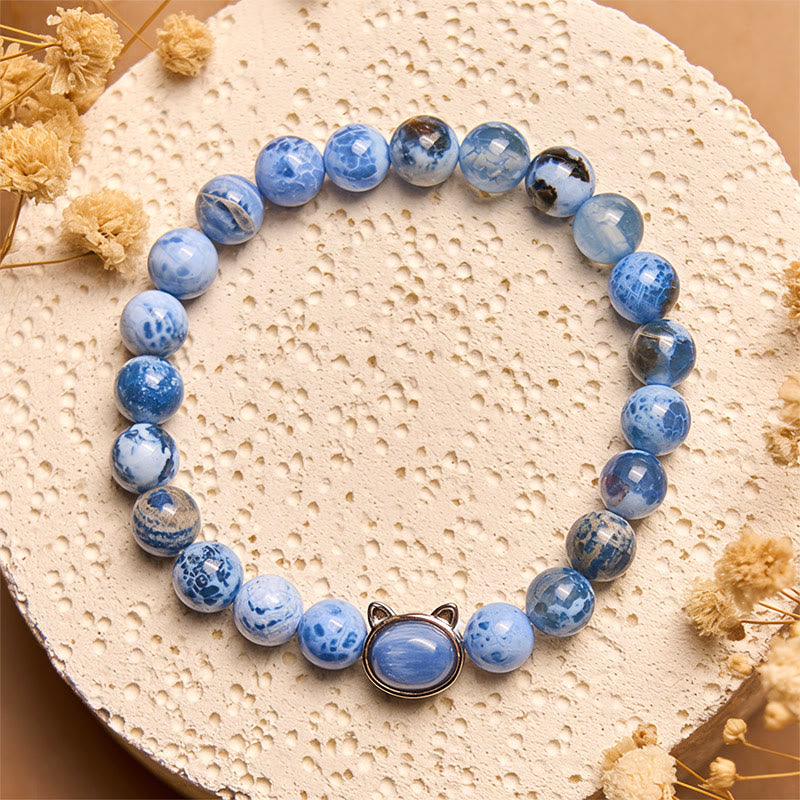 Natural Kyanite and Blue Agate Cat Head Beaded Bracelet