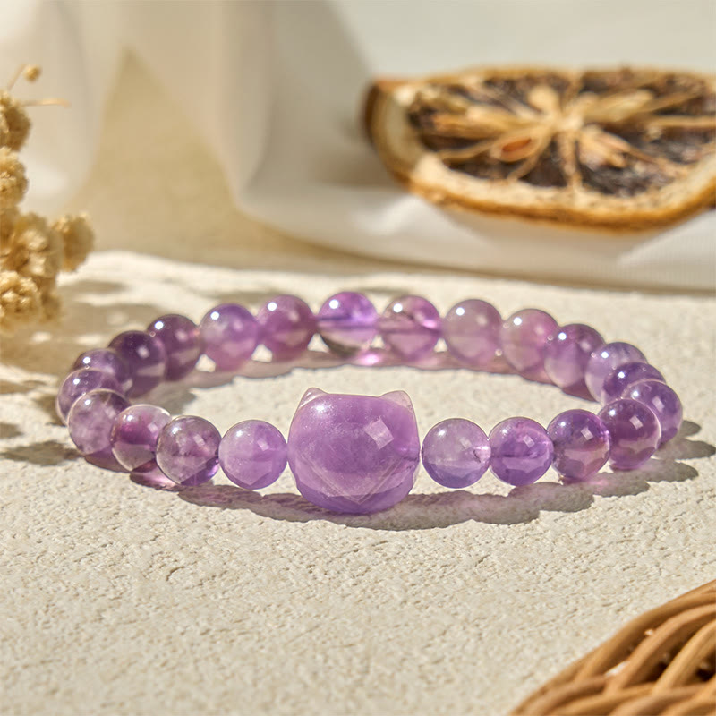 "Wishing You Clarity and Calm" Cute Cat Amethyst Bracelet Includes Gift Message Card