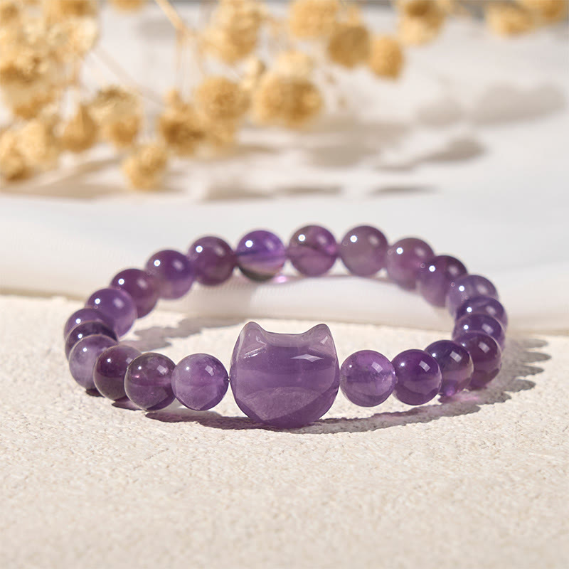 "Wishing You Clarity and Calm" Cute Cat Amethyst Bracelet Includes Gift Message Card