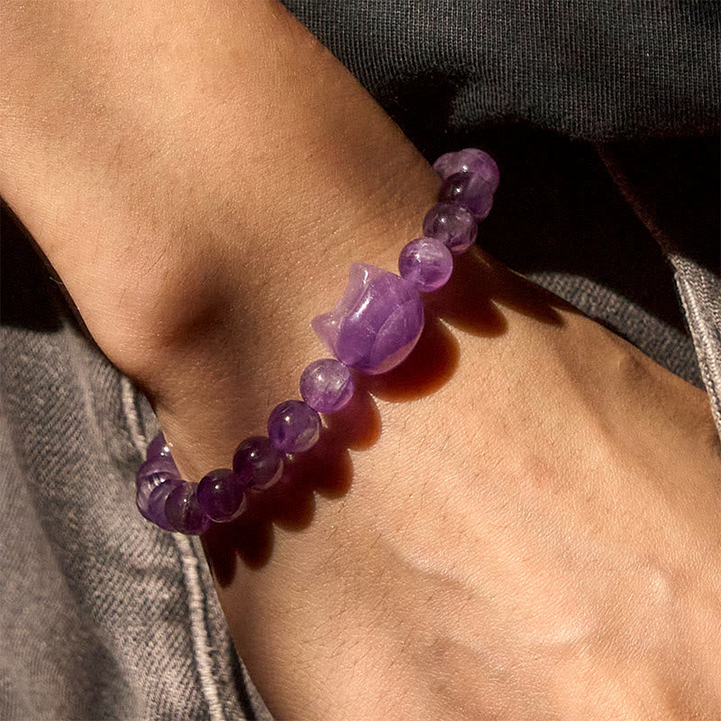 "Wishing You Clarity and Calm" Cute Cat Amethyst Bracelet Includes Gift Message Card