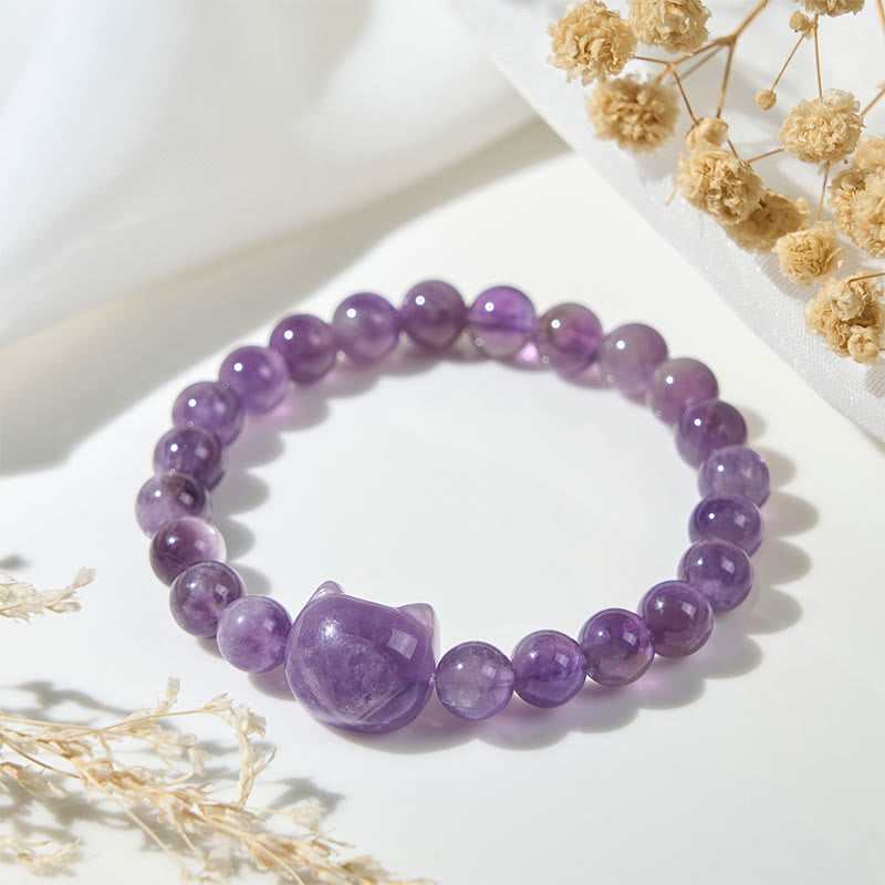 "Wishing You Clarity and Calm" Cute Cat Amethyst Bracelet Includes Gift Message Card