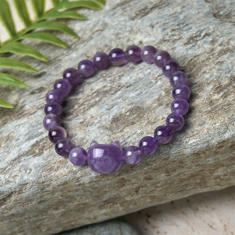 "Wishing You Clarity and Calm" Cute Cat Amethyst Bracelet Includes Gift Message Card