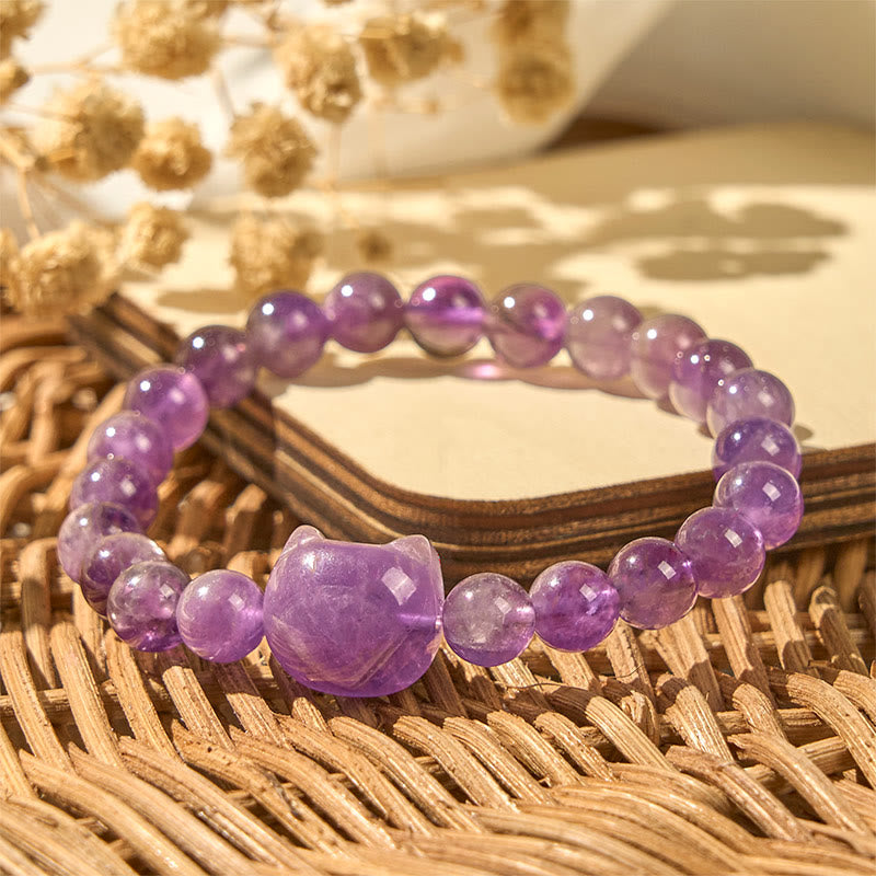 "Wishing You Clarity and Calm" Cute Cat Amethyst Bracelet Includes Gift Message Card