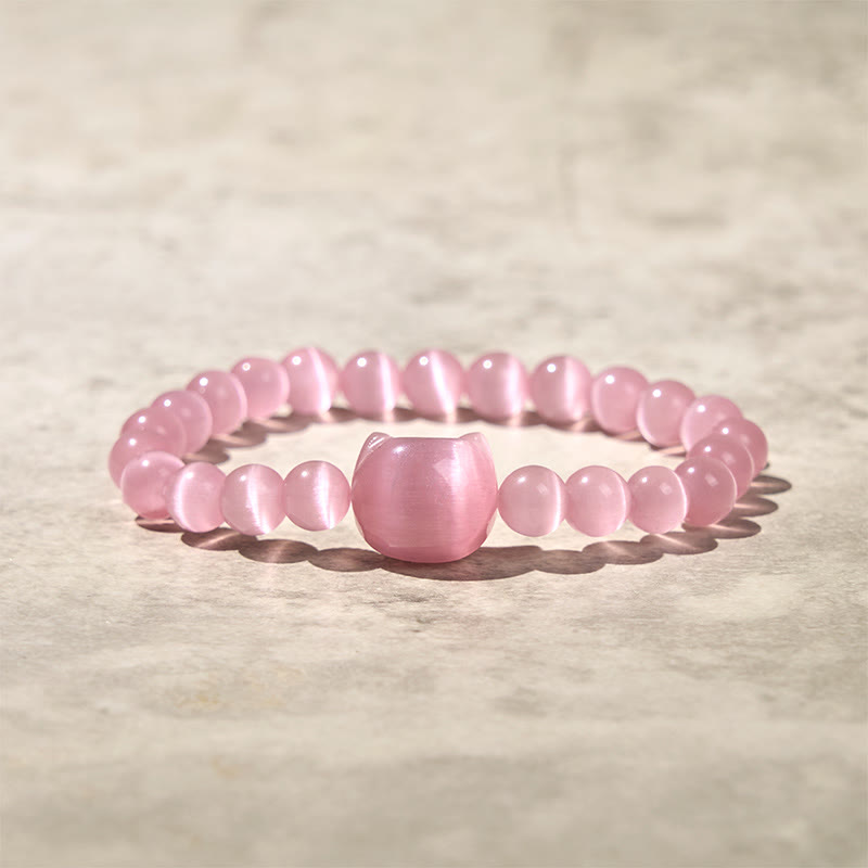 Adjustable Cat's Eye Beaded Bracelet with Cat Head Motif